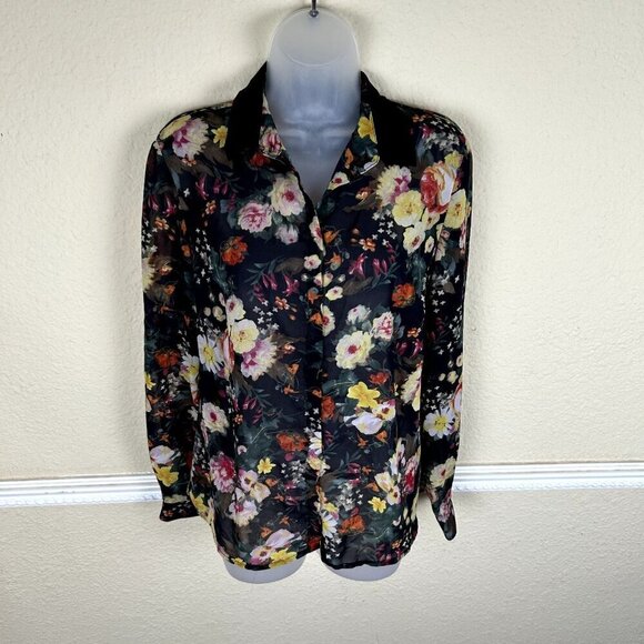 MNG Collection Womens Large Black Floral Sheer Button Up Festival Disco Artsy - Picture 1 of 11